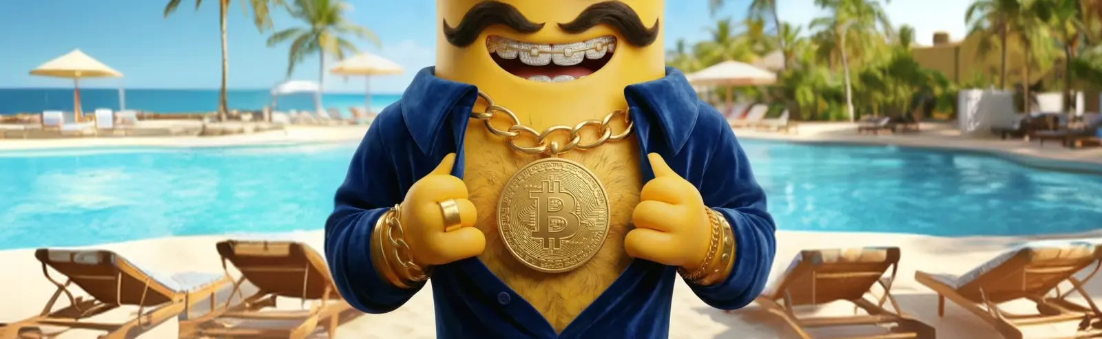 Bananzia mascotte bij het zwembad