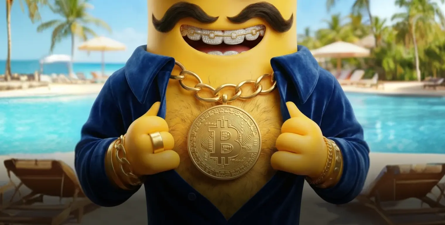 Bananzia mascotte in blauwe badjas met bitcoinketting bij het zwembad